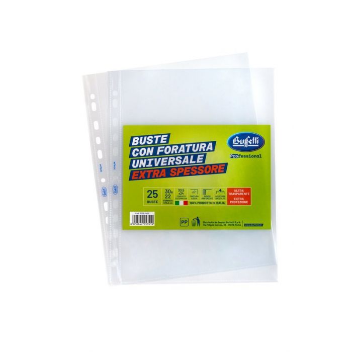 BUSTE A FORATURA UNIVERSALE - POLIPROPILENE - 30X22 CM - LISCE -EXTRA SPESSORE - CONF.25 PZ. Foto prodotto